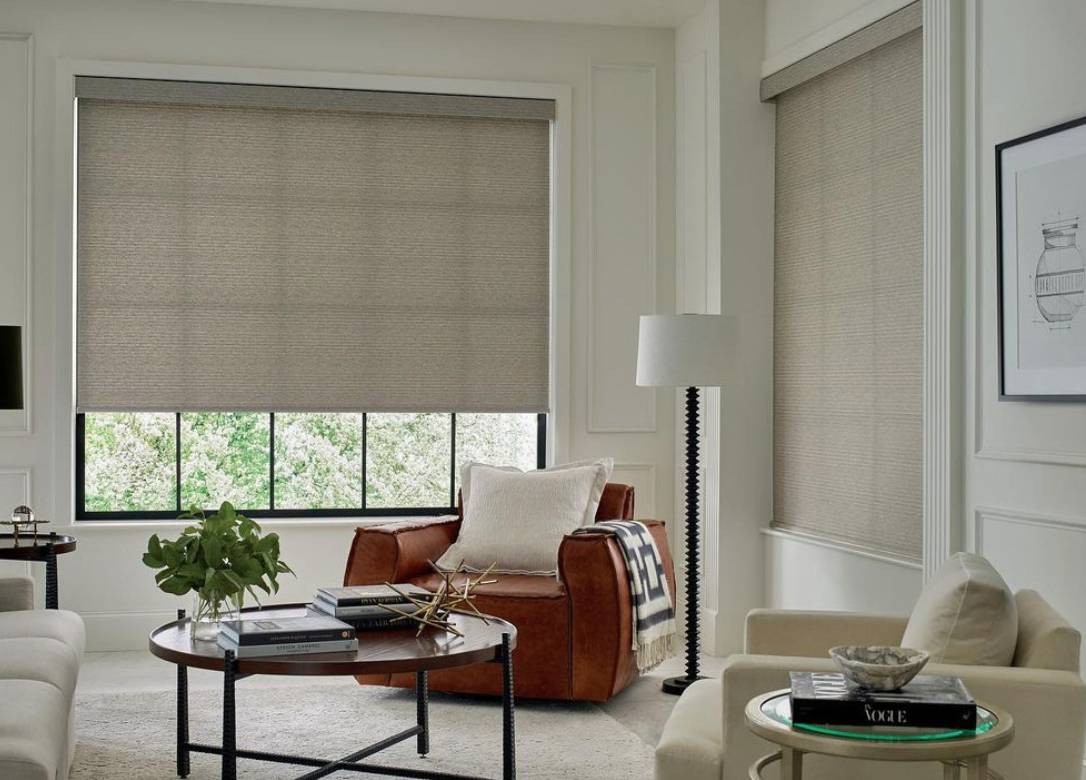 Hunter Douglas Designer Roller Shades in a living room near Bellevue, Washington (WA)