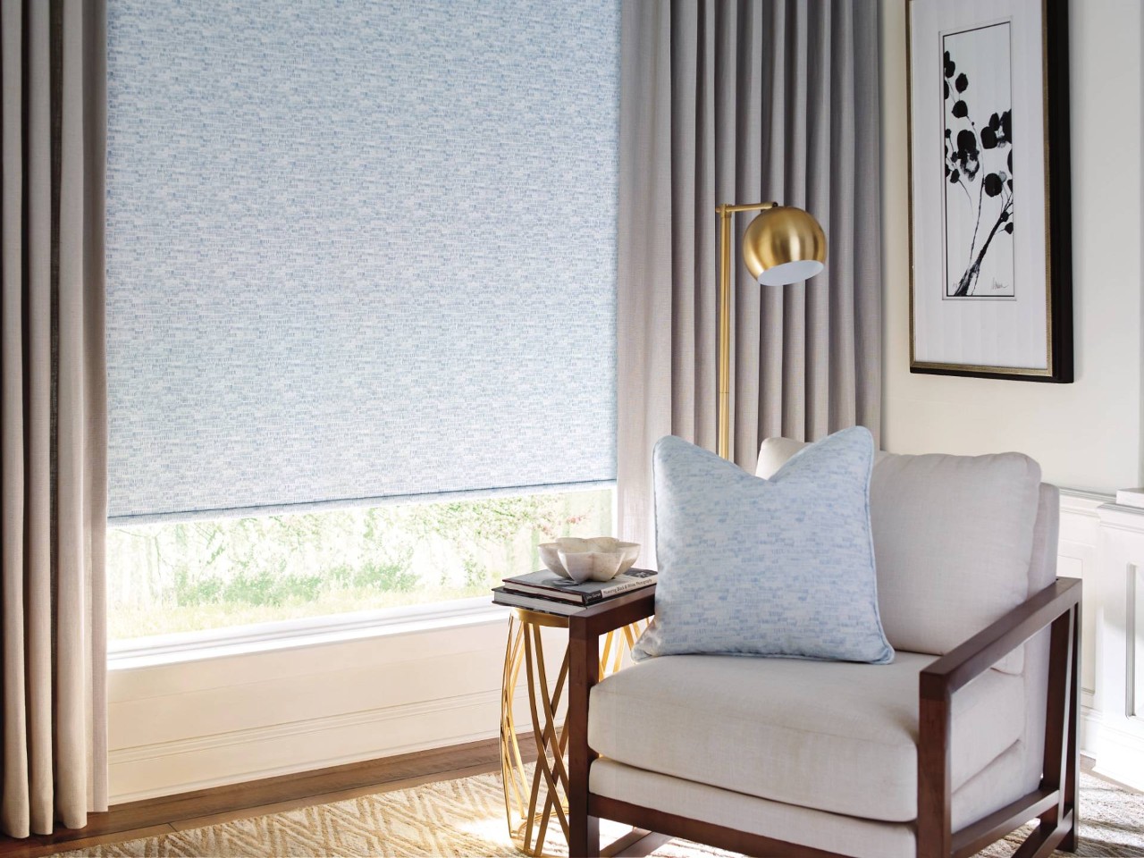 Hunter Douglas Design Studio™ Roller Shades in a sitting area near Bellevue, Washington (WA)